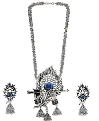 Molika Oxidised Silver Designer Jewellery Krishna Flute Peacock Necklace Set for Women & Girls-thumb3