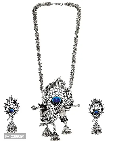 Molika Oxidised Silver Designer Jewellery Krishna Flute Peacock Necklace Set for Women & Girls-thumb4