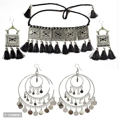 Molika Special Combo Offer Jewellery Set and Hoop earrings Silver and Black Plated unique Oxidised Tribal Cotton Thread Traditional Earring Set with for Women & Girls