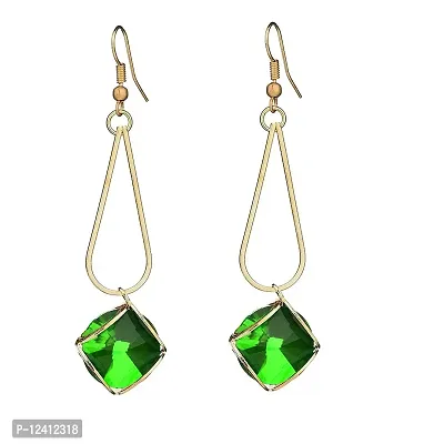Molika Golden Geometric Minimal Crystal Drop Earrings long stylish for Girls and Women (Green)