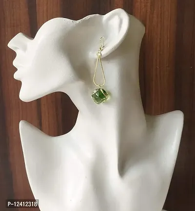 Molika Golden Geometric Minimal Crystal Drop Earrings long stylish for Girls and Women (Green)-thumb2