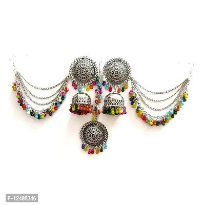Fusion Vogue Oxidised Silver Plated Multicolour Mangtikka Earrings Combo Jewellery Set For Women (Multi)