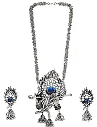 Molika Oxidised Silver Designer Jewellery Krishna Flute Peacock Necklace Set for Women  Girls-thumb1