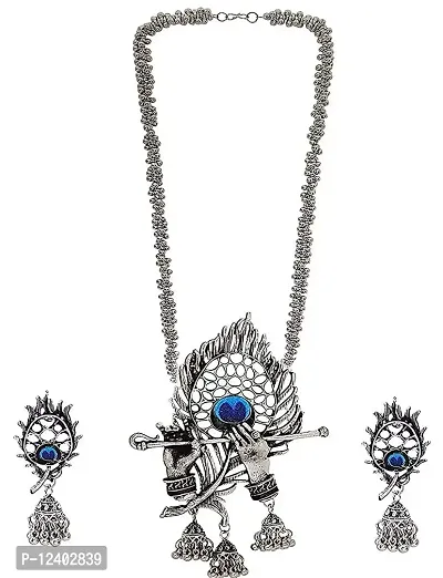 Molika Oxidised Silver Designer Jewellery Krishna Flute Peacock Necklace Set for Women  Girls-thumb2