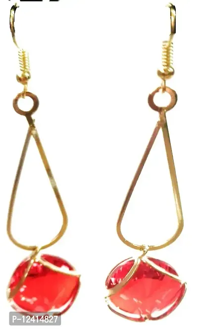 Molika Golden Geometric Minimal Crystal Drop Earrings long stylish for Girls and Women (Red)-thumb0