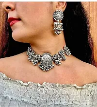 Molika Oxidised Silver Designer Jewellery Banjara Style Choker Necklace Set with Earring for Women & Girls, Grey-thumb1