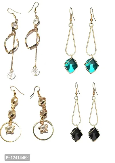 Molika Combo Earring Set Golden Geometric Minimal Crystal Drop Earrings for Girls and Women (4 Pairs Set)