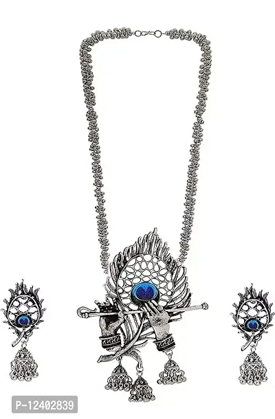 Molika Oxidised Silver Designer Jewellery Krishna Flute Peacock Necklace Set for Women  Girls-thumb0