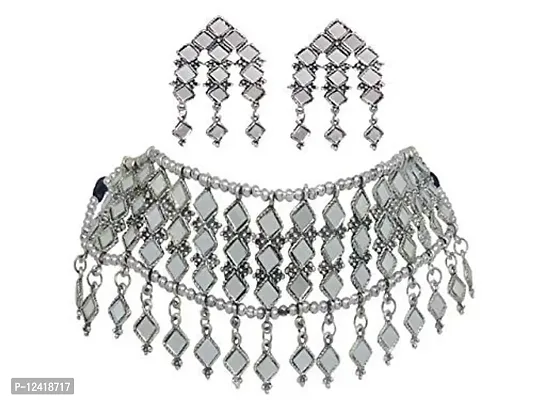 CosMos Afgani Silver Tone Mirror Necklace Set with Earrings Indian Bohemian Style Jewelry for Women & Girls