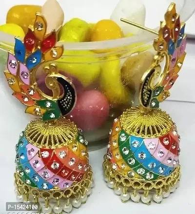 Molika Light weight Meena Work Multi Color Gold Plated Oxidised Jhumki Jhumka Earring Set For Girls and Women