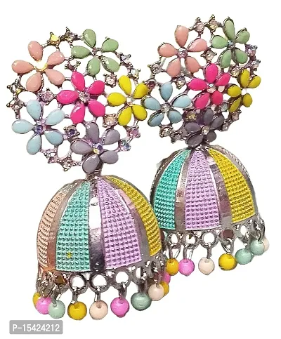 Molika Multi Color American Diamond Studed SILVER Plated Oxidised Jhumki Jhumka Earring Set For Girls and Women
