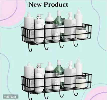 PS Self Adhesive Multipurpose Bathroom Rack Bathroom Shelf Organizer Wall Mounted Shelf Bathroom Accessories Set for Home Bathroom Shelves With 4 Hook (Black)(Pack of 2)-thumb0