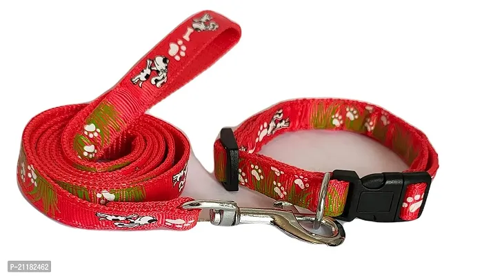 Dog Collar and Leash Set Puppy Printed, Adjustable Nylon Collar with Leash for Small Dogs, Color-Full Collar Leash Set with Bell for Puppies, Dog  Cat 10 MM (Red)-thumb0