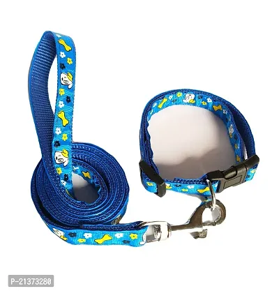 Dog Collar Leash Set Puppy Printed, Adjustable Nylon Collar with Leash for Small Pet and Puppies, Color-Full Collar Leash Set for Puppies, Dog  Cat 10 MM (Blue)