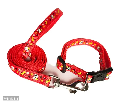 Dog Collar Leash Set Puppy Printed, Adjustable Nylon Collar with Leash for Small Pet and Puppies, Color-Full Collar Leash Set for Puppies, Dog  Cat 10 MM (Red)