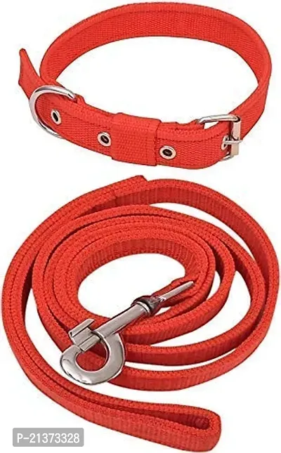 Dog Neck Collar Belts and Leash Set (Red Color, Waterproof, Medium, Nylon, Leash Size 1.5M-2M)