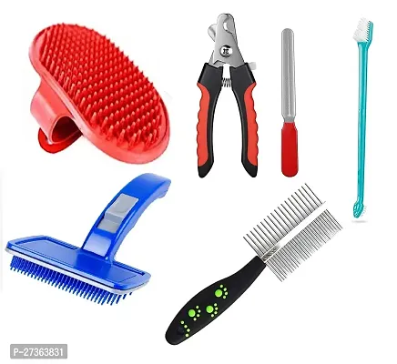 6 in 1 Dog Grooming Kit Bath Brush| | Toothbrush | Double Side Comb | Nail Cutter Small | Nail Filler | Pet Self Cleaning Slicker Brush | Pet Spa Kit