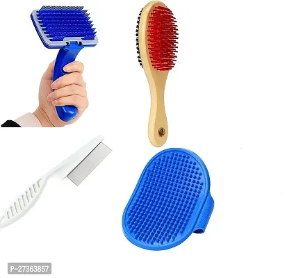 Dog Hair Flea Comb + Slicker + Wooden Brush + Bath Gloves Combo Pack of 4 Grooming Kit for All Pets Dog, Cat, Rabbit, Puppy-thumb0