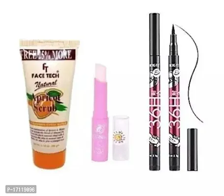 Natural  Apricot Scrub  With Pink Magic Lip Balm  And  36H Black Eyeliner Pack Of 2