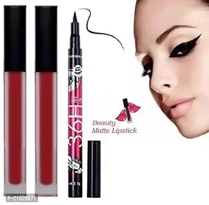 Red Matte Lipstick Pack Of 2 With 36H Black Eyeliner Pack Of 1-thumb0