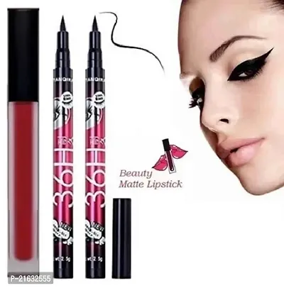 Red Matte Lipstick Pack Of 2 With 36H Black Eyeliner Pack Of 2-thumb0