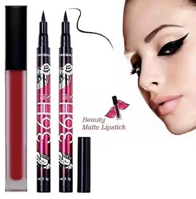 Red Matte Lipstick Pack Of 2 With 36H Black Eyeliner Pack Of 2