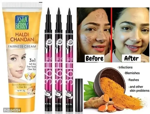 Astaberry  Haldi Chandan Cream, White, Pack Of 1 With 36H Eyeliner Pack Of 3-thumb0