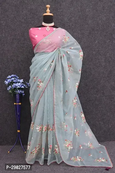 Elegant Organza Paisley Embellished Saree with Unstitched Blouse Piece-thumb0