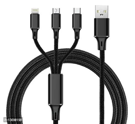 Appeasy Nylon Braided Multifunction Fast Charging Cable for Android, iOS and Type C Devices, 3 in 1 Charging Cable, 3.4A (Black)-thumb0