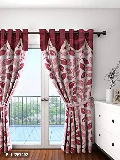 Cortina Polyester Decorative Eyelet Fitting Door Curtains, 1.6 Inch Gourment, Pack of 2 Printed Door Curtains for Bedroom, Kitchen, Kids or Living Room- Maroon (210 X 115 cm)