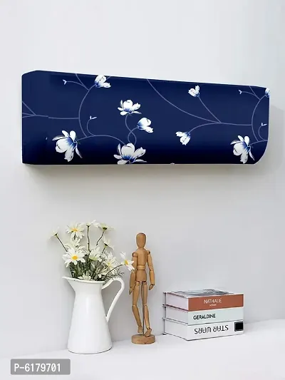 Polyester Navy Blue Floral Print Printed Air Conditioning Dust Cover, Folding AC Cover, Split for 1 Ton Indoor Unit