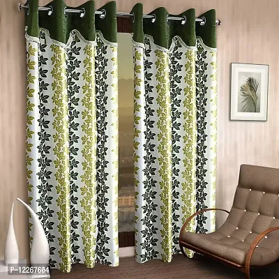 Cortina Polyester Floral Print Jhalar Pattern Curtains with Metal Eyelet ? Soft  Smooth ? Ready Fit ? Reusable Fabric ? Bedroom Living Room Kids Room Hall Office ? 7 Feet Set of 2 ? Green?-thumb0