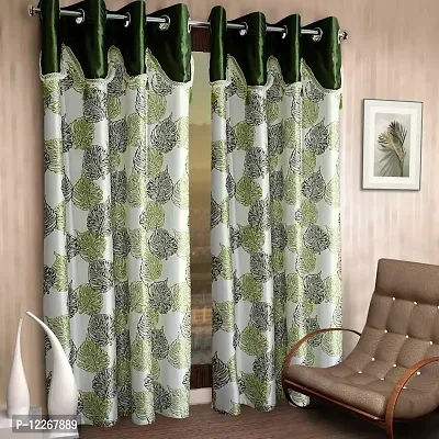 Cortina Polyester Ready to Use Floral Print Eyelet Jhalar Pattern Curtains ? 7 Ft Set of 2 ? Washable ? Bedroom Living Room Kids Room Hall Kitchen Office ? Sheer Curtains ? Green