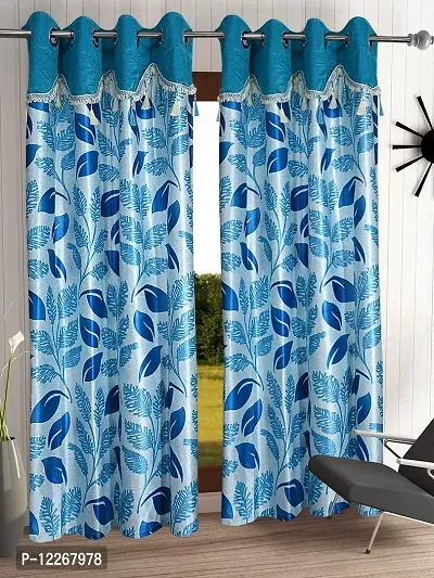 Cortina Floral Print Polyester Jhalar Pattern Curtains with Metal Eyelet ? Ready to Fit ? Reusable Fabric ? Bedroom Living Room Kids Room Hall Kitchen Office ? 7 Feet Set of 2 ? Blue-thumb0