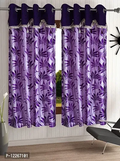 Cortina Polyester Ready to Use Leaf Print Eyelet Frill Curtains ? 5 Ft Set of 2 Washable ? Bedroom Living Room Kids Room Hall Kitchen Office ? Sheer Curtains ? Purple 2