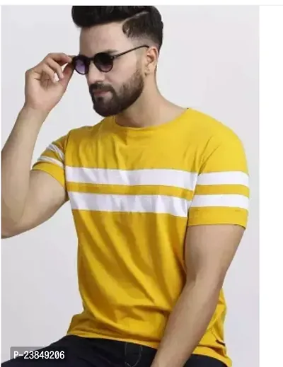 Elegant Yellow Cotton Striped Round Neck Tees For Men-thumb0