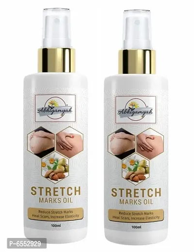 Abhigamyah Stretch Care Oil to Minimize Stretch Marks and Even Out Skin Tone - Blend of 6 Oils with Rosehip Calendula and Sea Buckthorn Oils - No Parabens, Silicones, Mineral Oil and Color - 100mL pack of 2