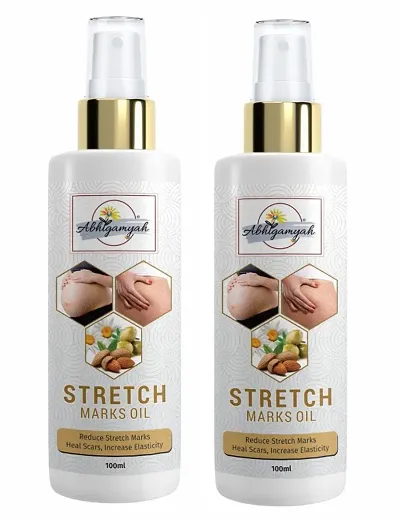 Abhigamyah Stretch Care Oil to Minimize Stretch Marks and Even Out Skin Tone - Blend of 6 Oils with Rosehip Calendula and Sea Buckthorn Oils - No Parabens, Silicones, Mineral Oil and Color - 100mL pack of 2