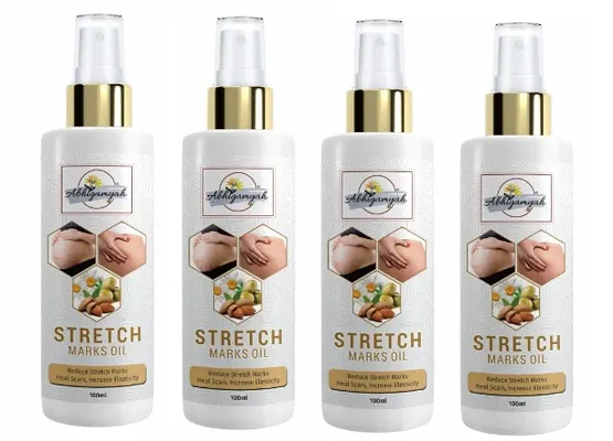 Abhigamyah Stretch Care Oil to Minimize Stretch Marks and Even Out Skin Tone - Blend of 6 Oils with Rosehip Calendula and Sea Buckthorn Oils - No Parabens, Silicones, Mineral Oil and Color - 100mL pack of 4