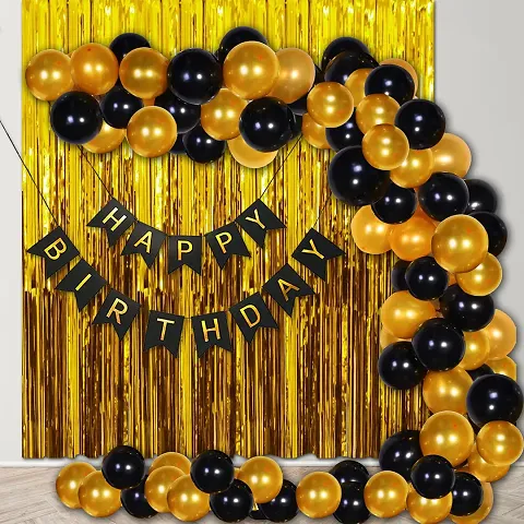 Happy Birthday Decoration Kit Golden and Black Balloons Gold Curtain for Kids  Adults (52Pcs)