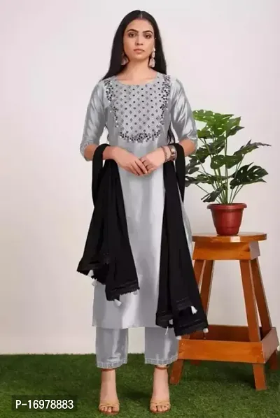 Stylish Taffeta Silk Kurta, Bottom and Dupatta Set For Women-thumb0