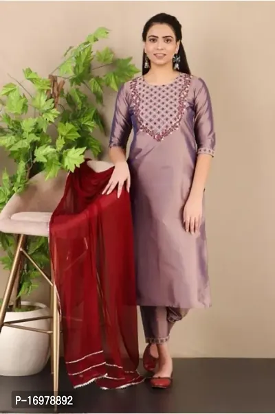 Stylish Taffeta Silk Kurta, Bottom and Dupatta Set For Women-thumb0