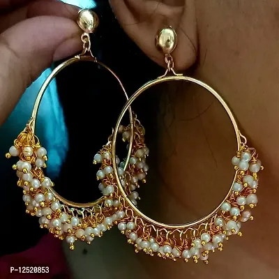 HADIE Pearl Embellished Chandbali Earrings Small for Women Girls Stylish Gold Toned Ethnic Fusion Jewellery-thumb4