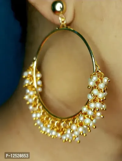 HADIE Pearl Embellished Chandbali Earrings Small for Women Girls Stylish Gold Toned Ethnic Fusion Jewellery-thumb3