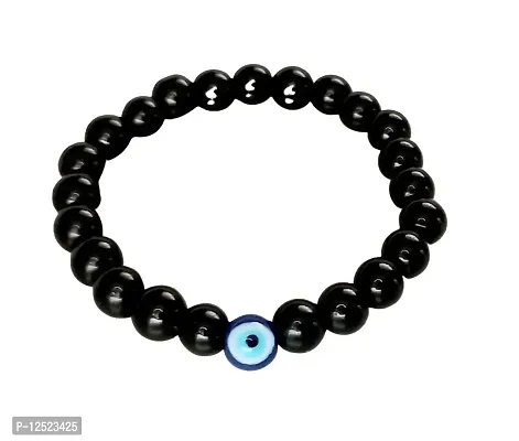 HADIE Blue Evil Eye Bracelet for Men Women Unisex Black Onyx 8mm Stretchable Beaded Amulet for Positive Energy Lucky Charm