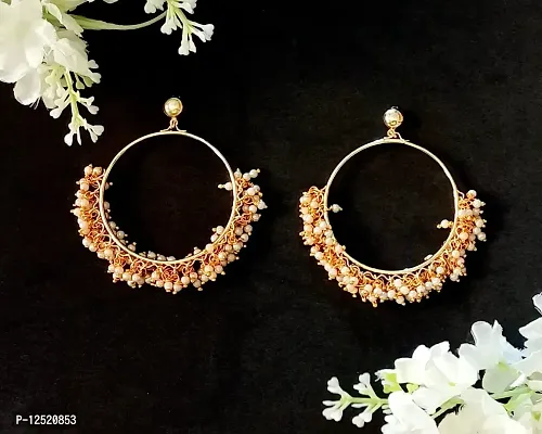 HADIE Pearl Embellished Chandbali Earrings Small for Women Girls Stylish Gold Toned Ethnic Fusion Jewellery-thumb2