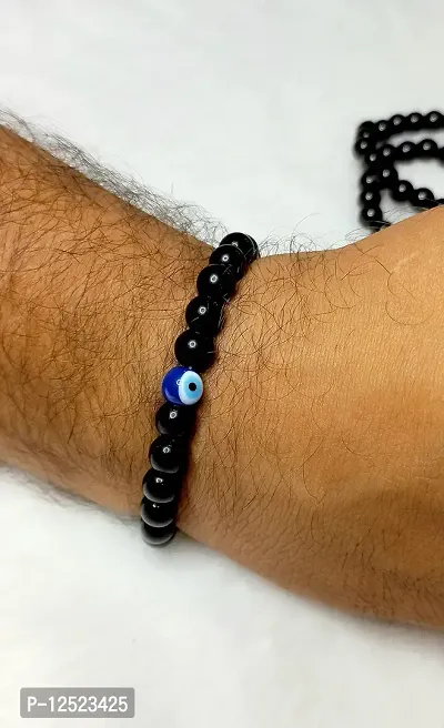 HADIE Blue Evil Eye Bracelet for Men Women Unisex Black Onyx 8mm Stretchable Beaded Amulet for Positive Energy Lucky Charm-thumb2