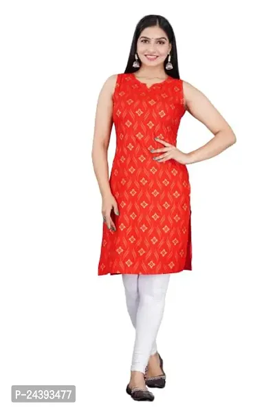 SAYANG Gold Flower Printed Rayon Straight Sleeveless Kurti for Women and Girls Perfect for a Fashionable Summer Wardrobe (Red,XX-Large)-thumb0