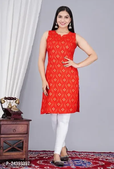 SAYANG Gold Flower Printed Rayon Straight Sleeveless Kurti for Women and Girls Perfect for a Fashionable Summer Wardrobe-thumb4