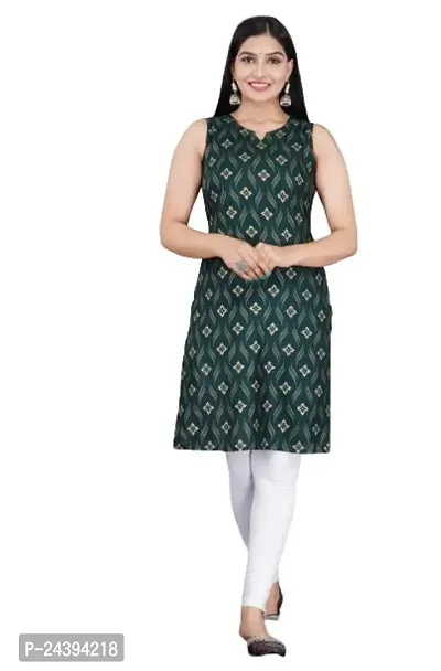 SAYANG Gold Flower Printed Rayon Straight Sleeveless Kurti for Women and Girls Perfect for a Fashionable Summer Wardrobe (Green,Small)